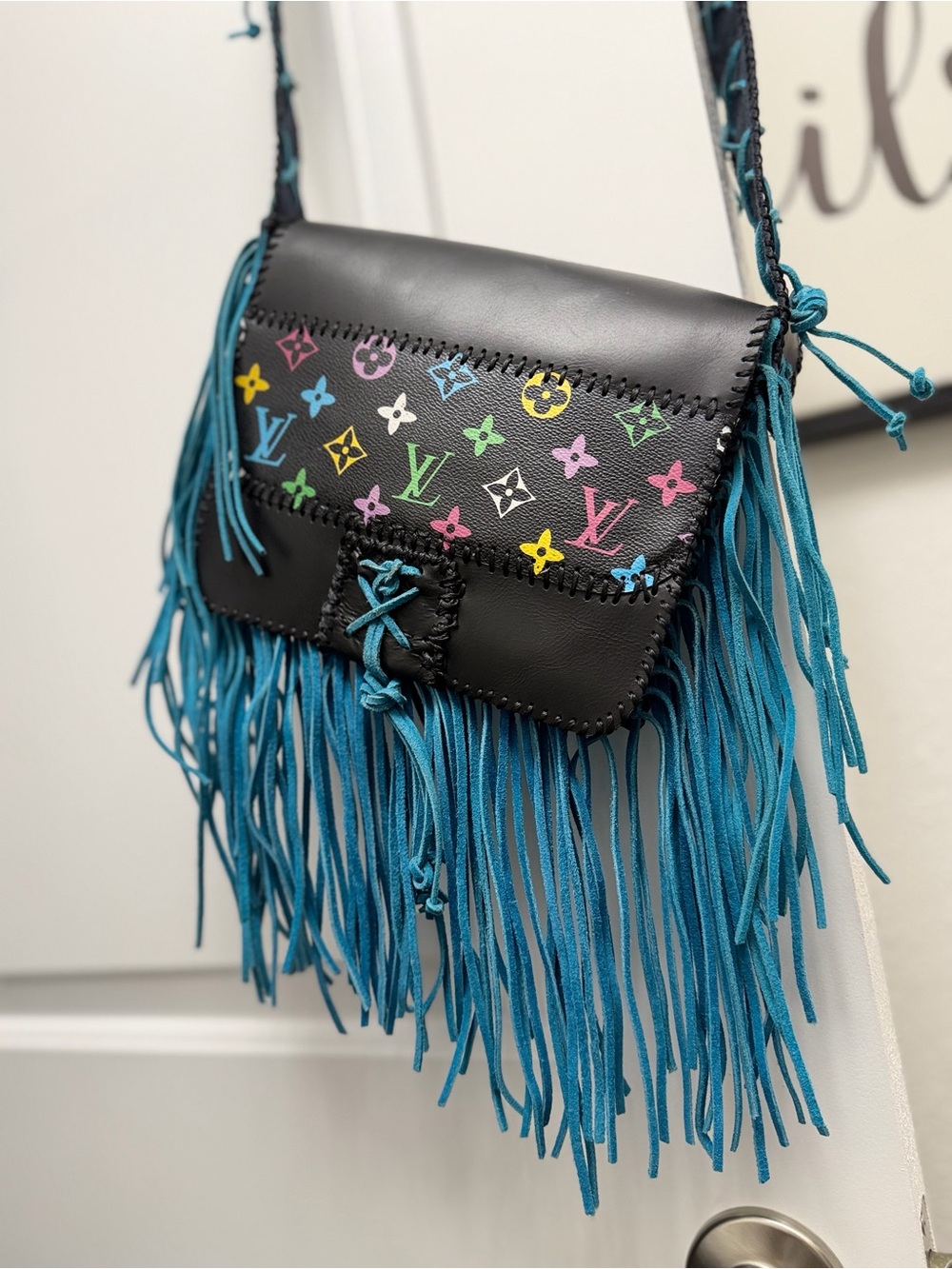 Black Leather Crossbody with Multicolor Monogram and Teal Fringe